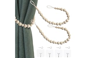 OCIOLI 2 Pieces of Wood Bead Curtain Tieback Boho Curtain Tiebacks Curtain Holdbacks for Wall Curtain Ties Curtain Tie Backs with Hooks for Boho Decor Bedroom Decor Nursery Decor (Wood Color,2)