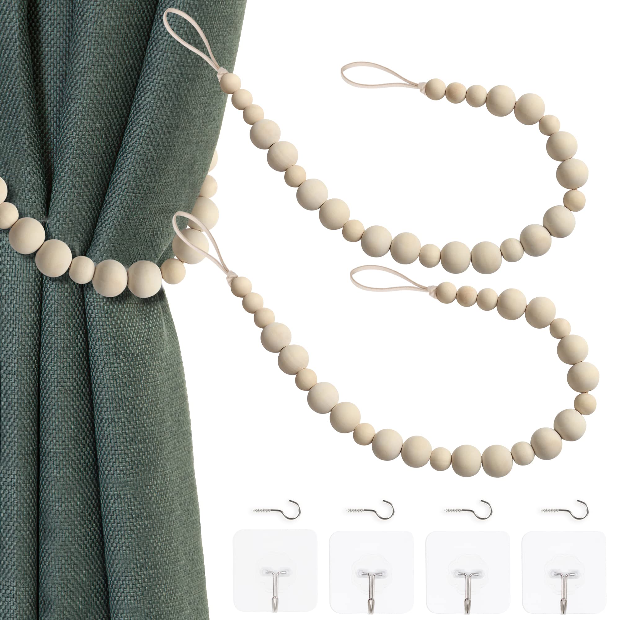 2 Pieces Wood Bead Curtain Tieback Boho Curtain Tiebacks Curtain Holdbacks for Wall Curtain Ties Window Treatment Drape Tie Back with Hooks for Bedroom Wall Dining Decoration (Wood Color,2)