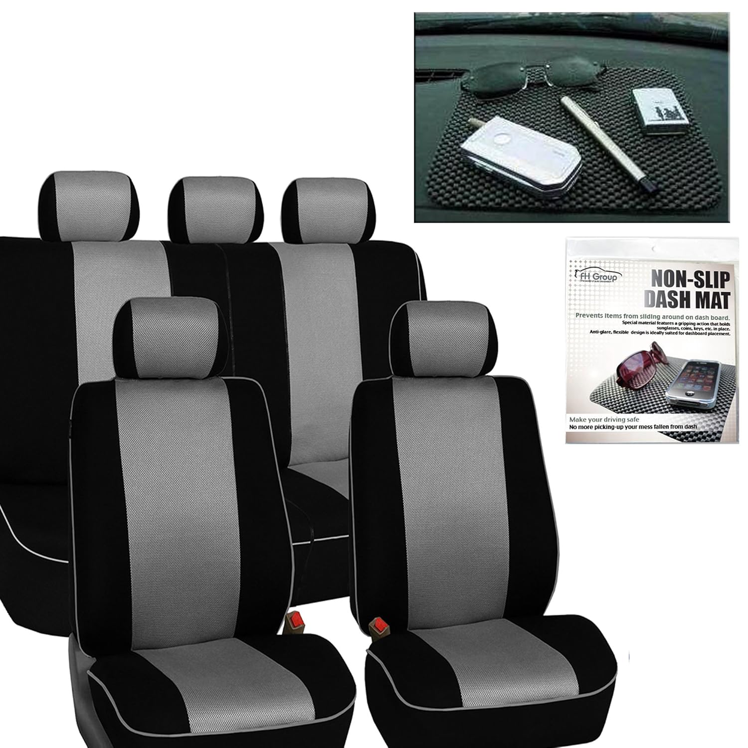 FH GROUP FH-FB063115 Full Set Sports Fabric Car Seat Covers, Airbag compatible and Split Bench with FH GROUP FH1002 Non-slip Dash Grip Pad Gray / Black- Fit Most Car, Truck, Suv, or Van