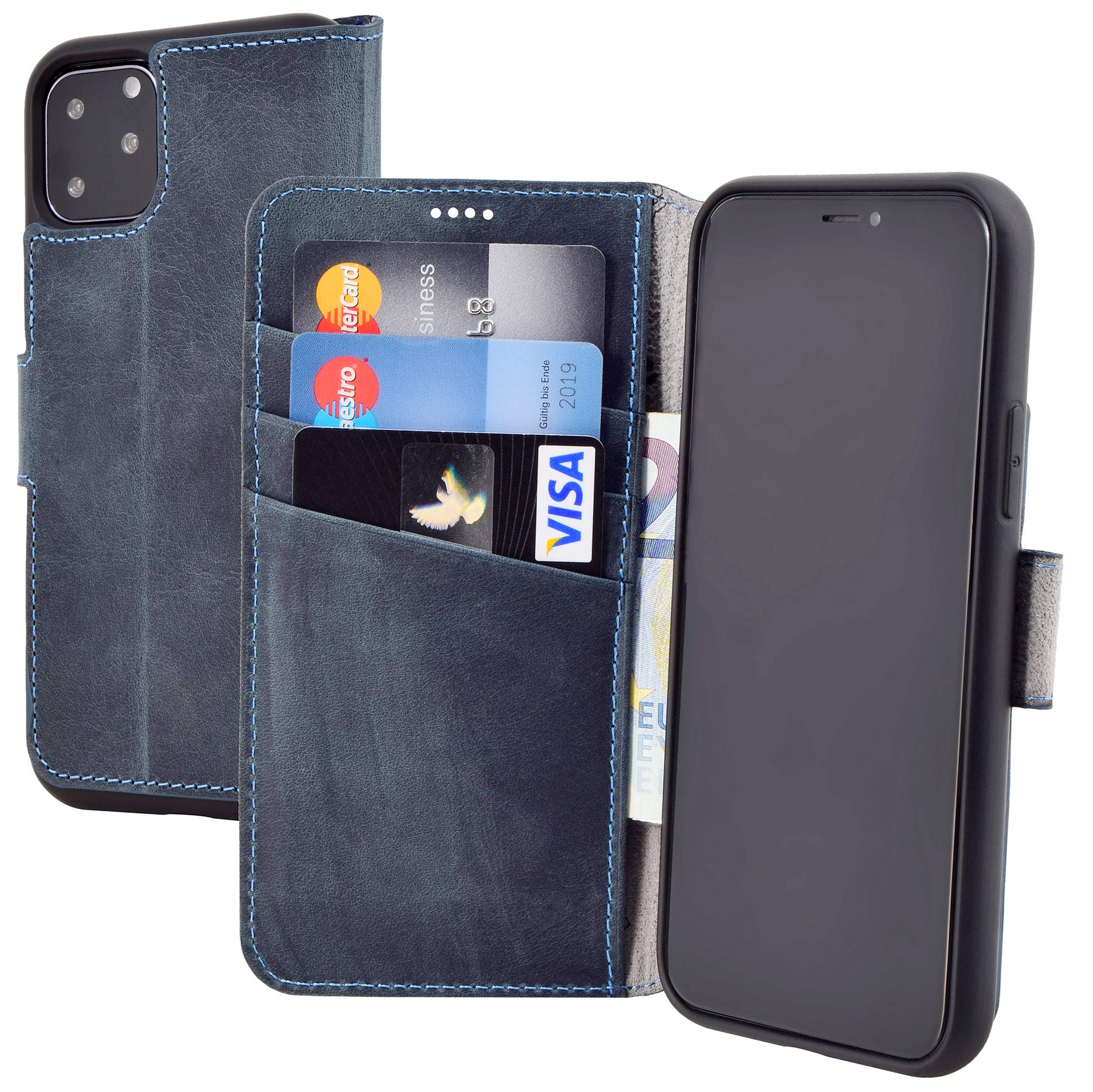 Suncase Book-style case compatible with iPhone 11 Pro Max (6.5 inch) leather case (slim fit) leather mobile phone case protective case with 3 card slots in pebble blue