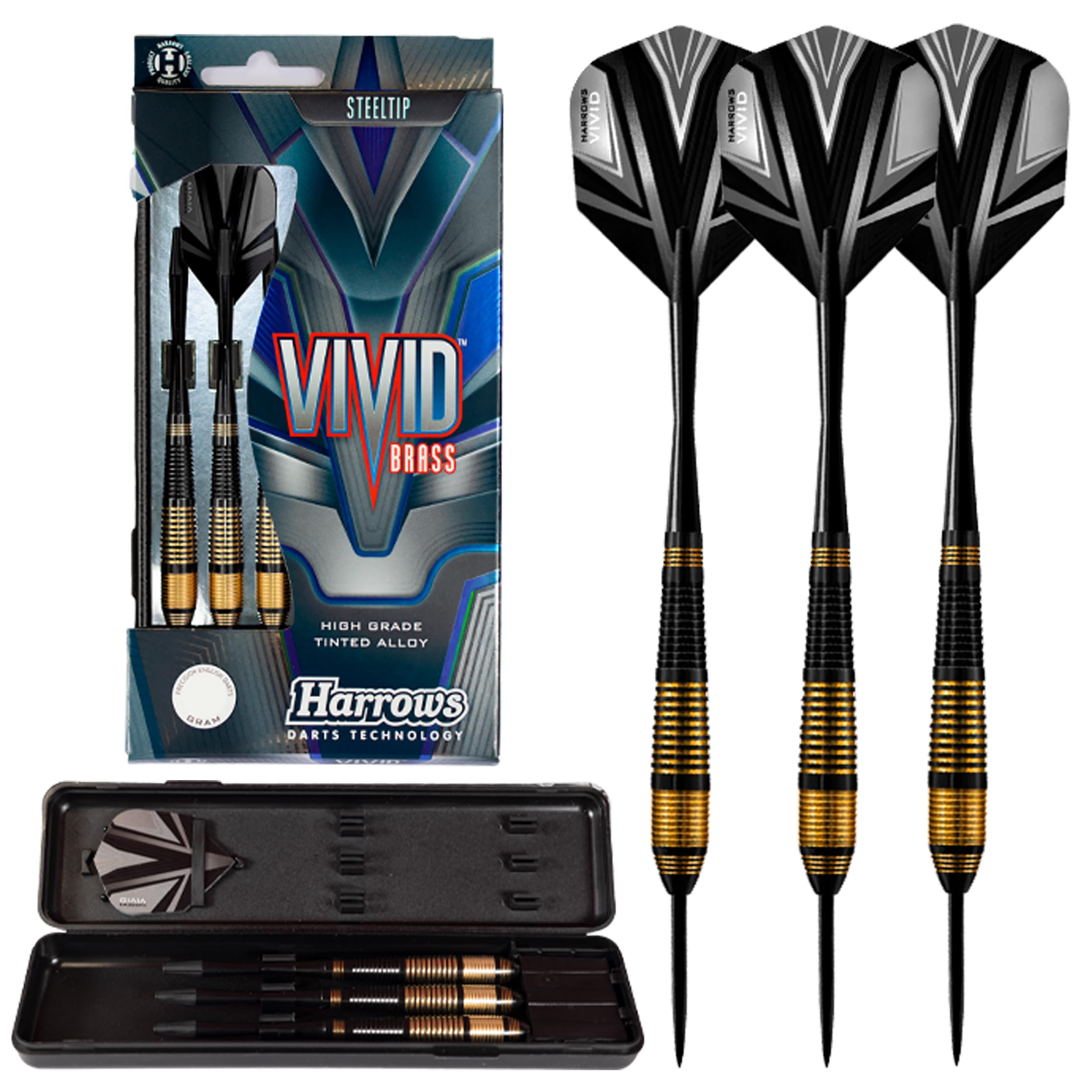 Harrows Vivid High Grade Tinted Alloy Steel Tip Brass Darts Set 21g, 22g, 23g, 24g & 25g - Includes Black Speedline Shafts, Vivid Flights & Travel Case (25g)