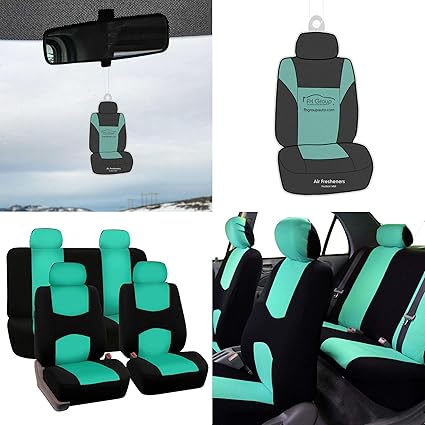 Fh Group Fb050115 Full Set Flat Cloth Car Seat Covers W Free Air Freshener Mint Black Color Fit Most Car Truck Suv Or Van
