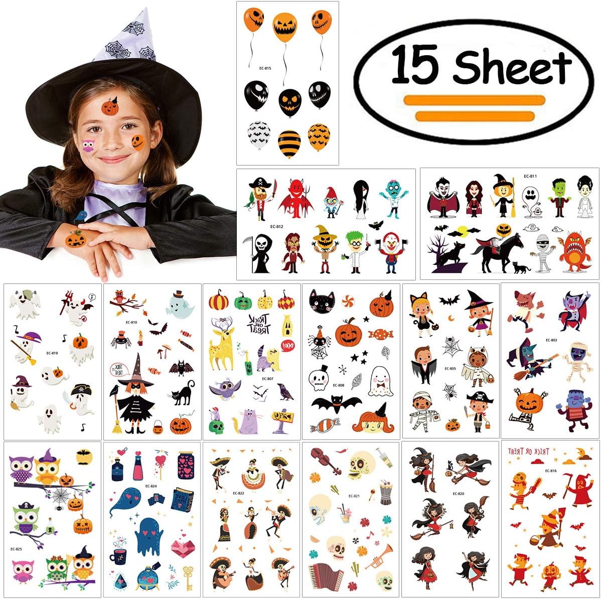 Vibury Halloween Tattoos Temporary for Kids, 15 Sheets Fake Tattoo Stickers for Children Kids Girls Boys, Witch Pumpkin Lantern Owl Perfect for Halloween Birthdays Party