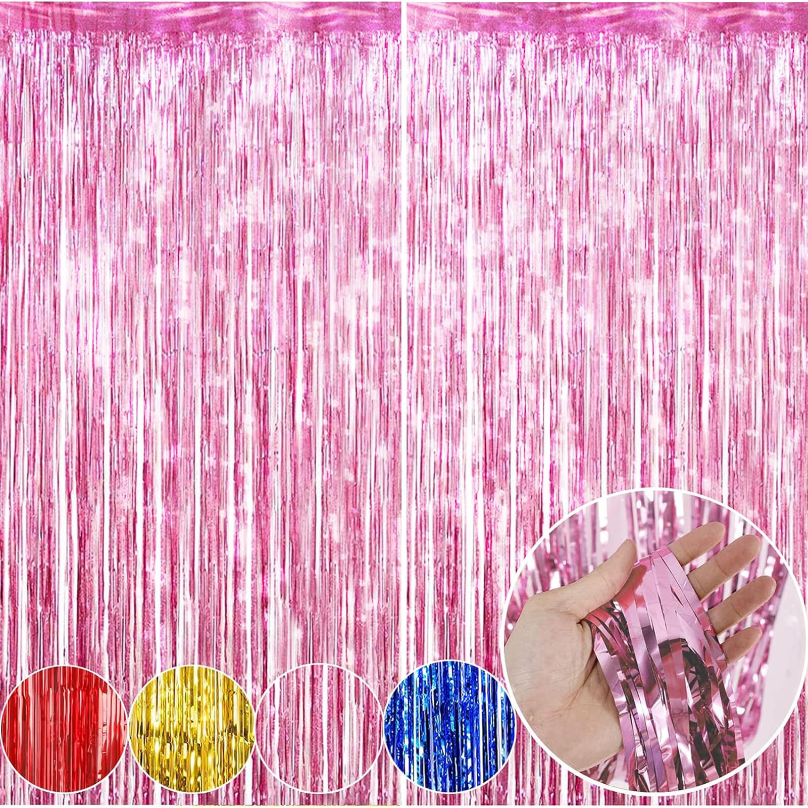 Tinsel Foil Fringe Curtains, 2 Packs Metallic Streamers Backdrop Aluminum Foil Stripe Curtain, 1 x 2m/ 3.3 x 6.6ft Photo Decoration Set for Wedding Birthday Baby Shower Halloween Christmas Party(Pink)