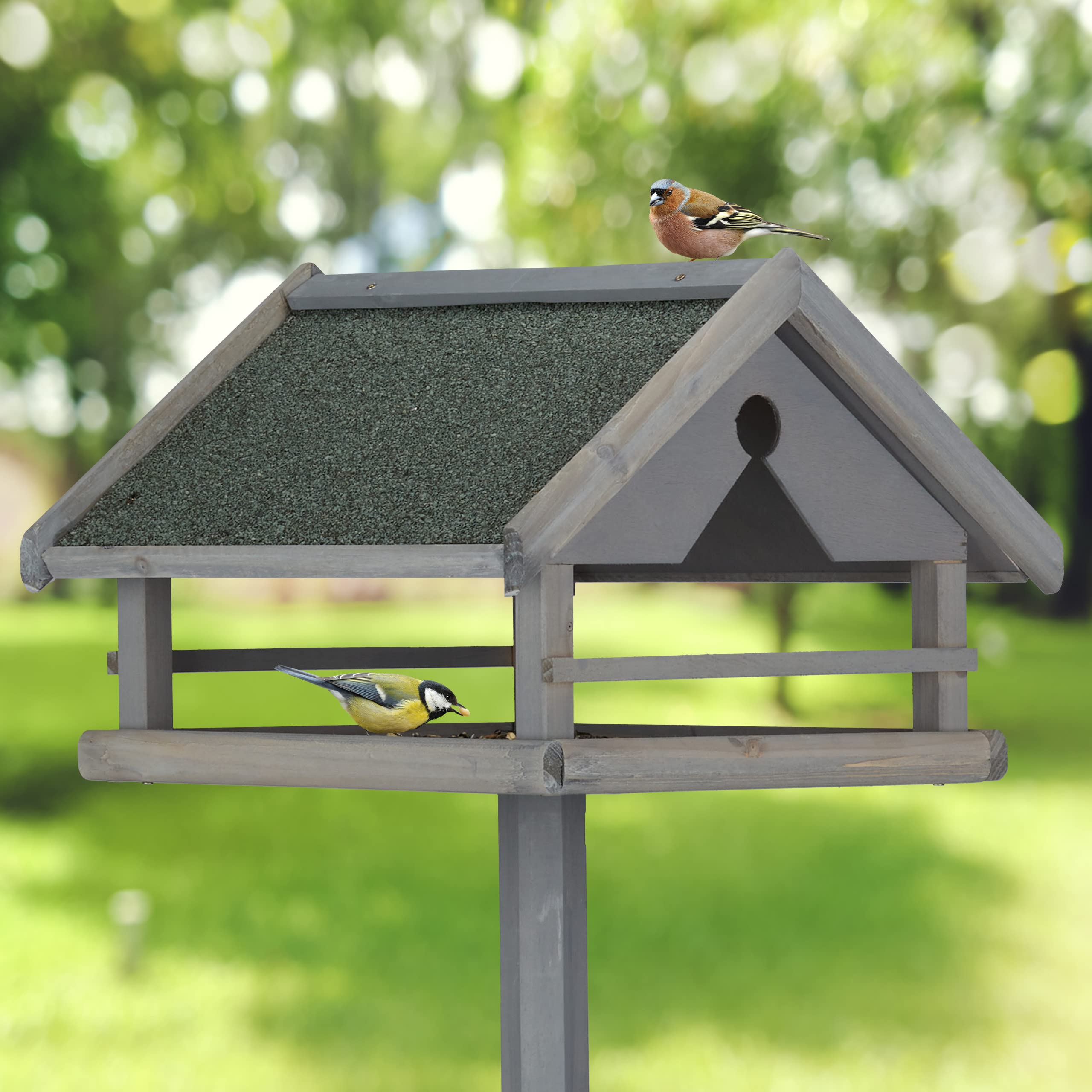 Relaxdays Vogelfutterhaus mit Ständer, wetterfestes Dach, Holz Vogelhaus, HBT: 120x62x55 cm, Futterhaus Wildvögel, grau 3