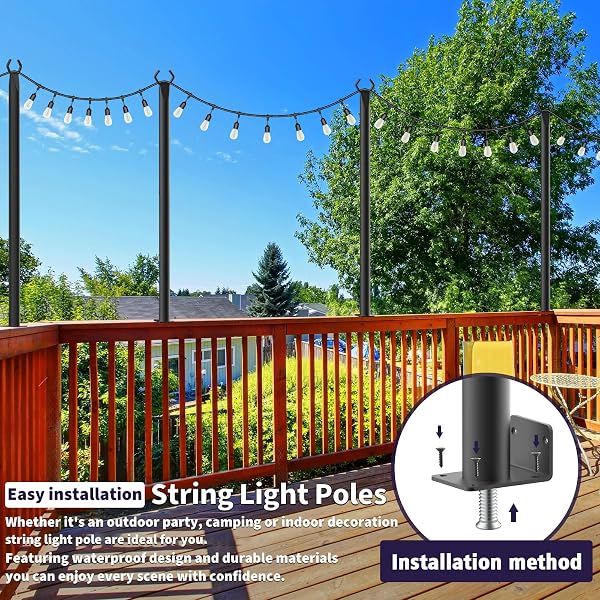 AHRLHR 8 PACK STRING LIGHT POLES FOR DECK,5 FT STRING LIGHT POLES FOR OUTSIDE WITH FIXING CLIPS,METAL POLES FOR OUTDOOR STRING LIGHTS, HANGING LIGHT POLES FOR FENCE GARDEN BACKYARD WALL BISTRO