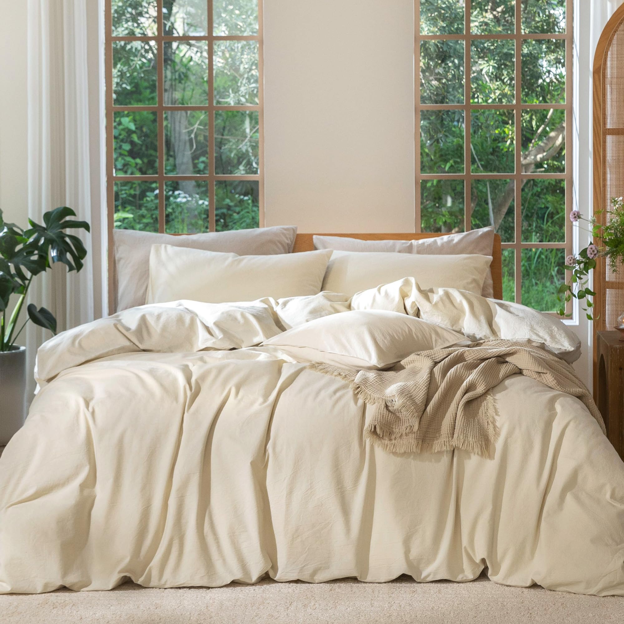 Photo 1 of MooMee Bedding Duvet Cover Set 100% Washed Cotton Linen Like Textured Breathable Durable Soft Comfy (Heathered Almond Milk Grey, Cal King 104"x98")