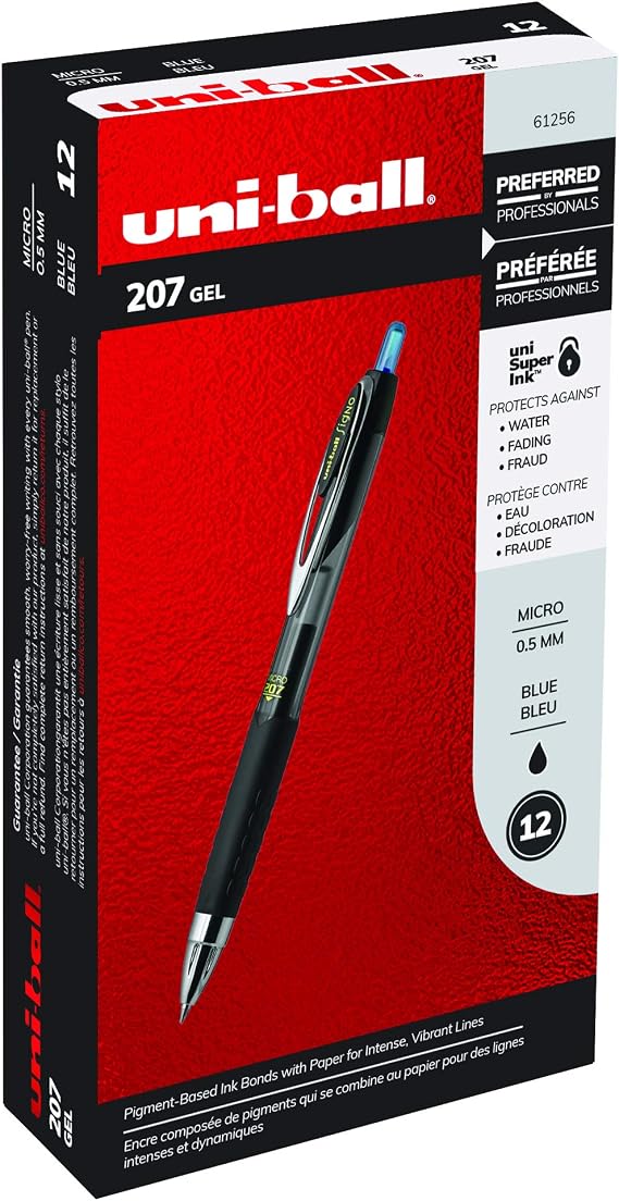 Uniball 207 Retractable Micro Point Gel Pens, 12 Blue Ink Pens Amazon