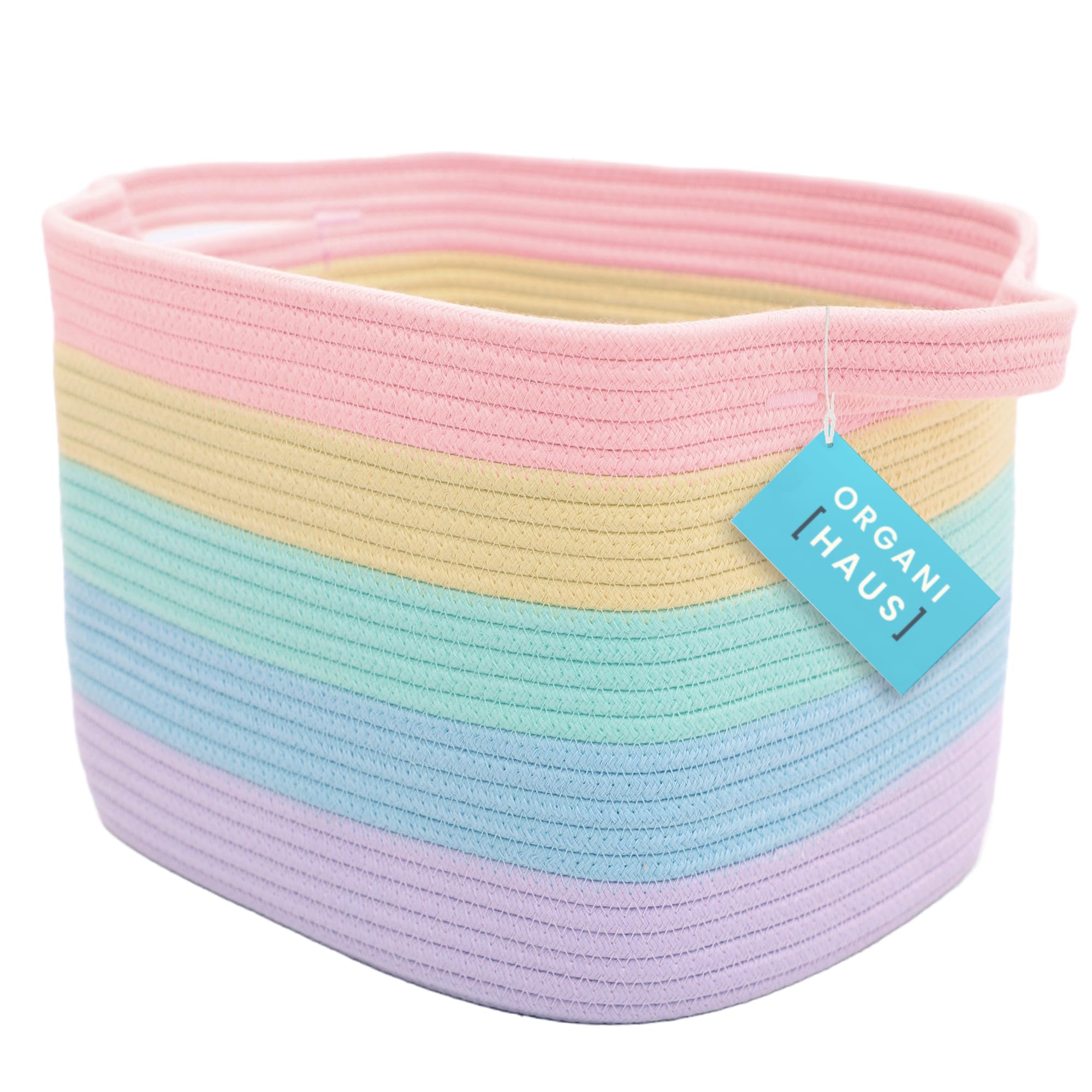 OrganiHaus Rainbow Storage Baskets for Shelves & Bathroom, Small Laundry Basket, Cotton Rope Woven Organiser for Clothes, Toys & Towels, Decorative Home Storage Box - 34x28x24cm — image 1