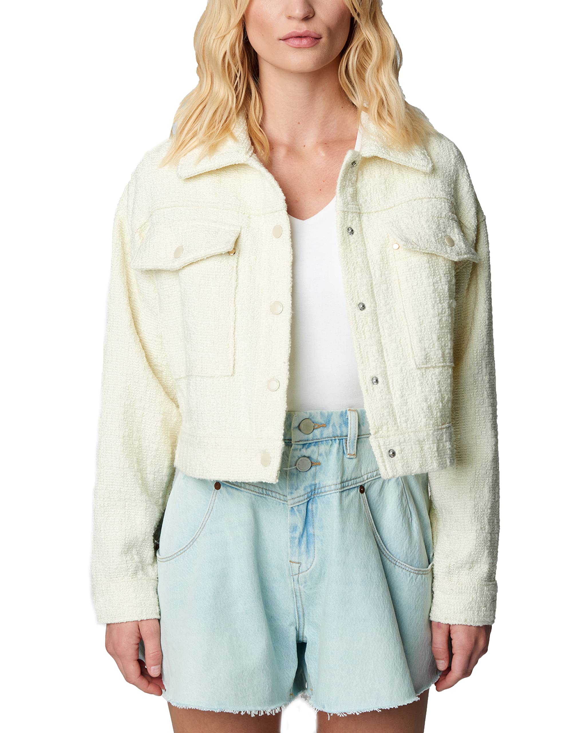 Photo 1 of [BLANKNYC] Womens Luxury Clothing Tweed Cropped Jacket With Snap Front Closure, Comfortable & Stylish Coat, Vanilla Crème, Large