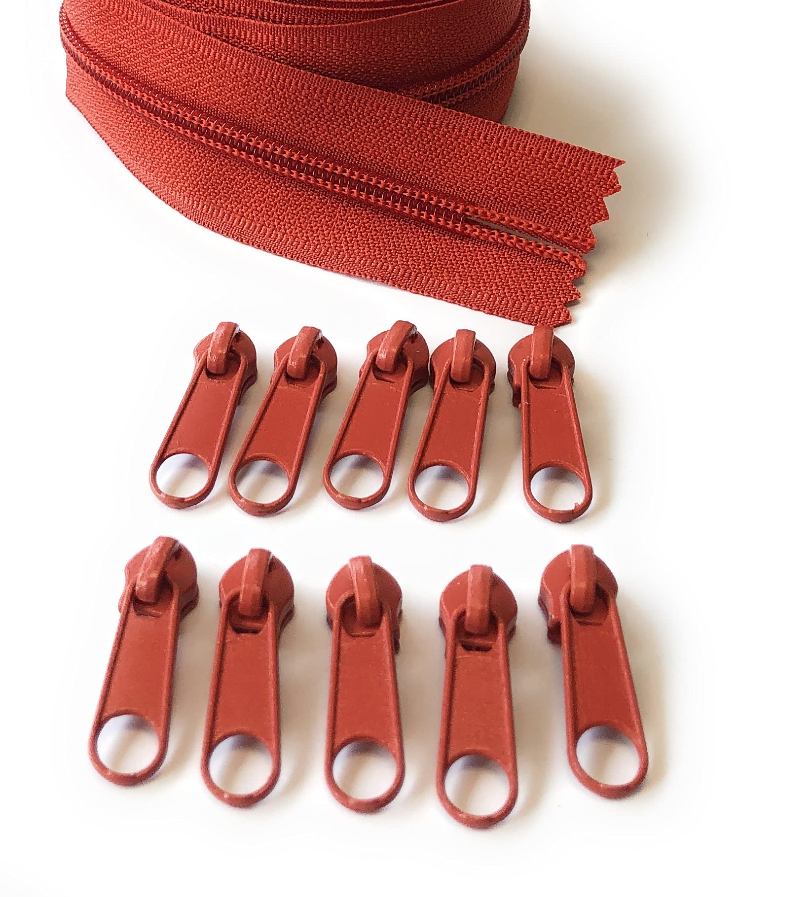 ADS Zipper Continuous Nylon No.5 Zip with Sliders #5 Chain Zipper on Roll with 10 Pullers (Red - Brick, 196.8" - 5 metre) — image 1