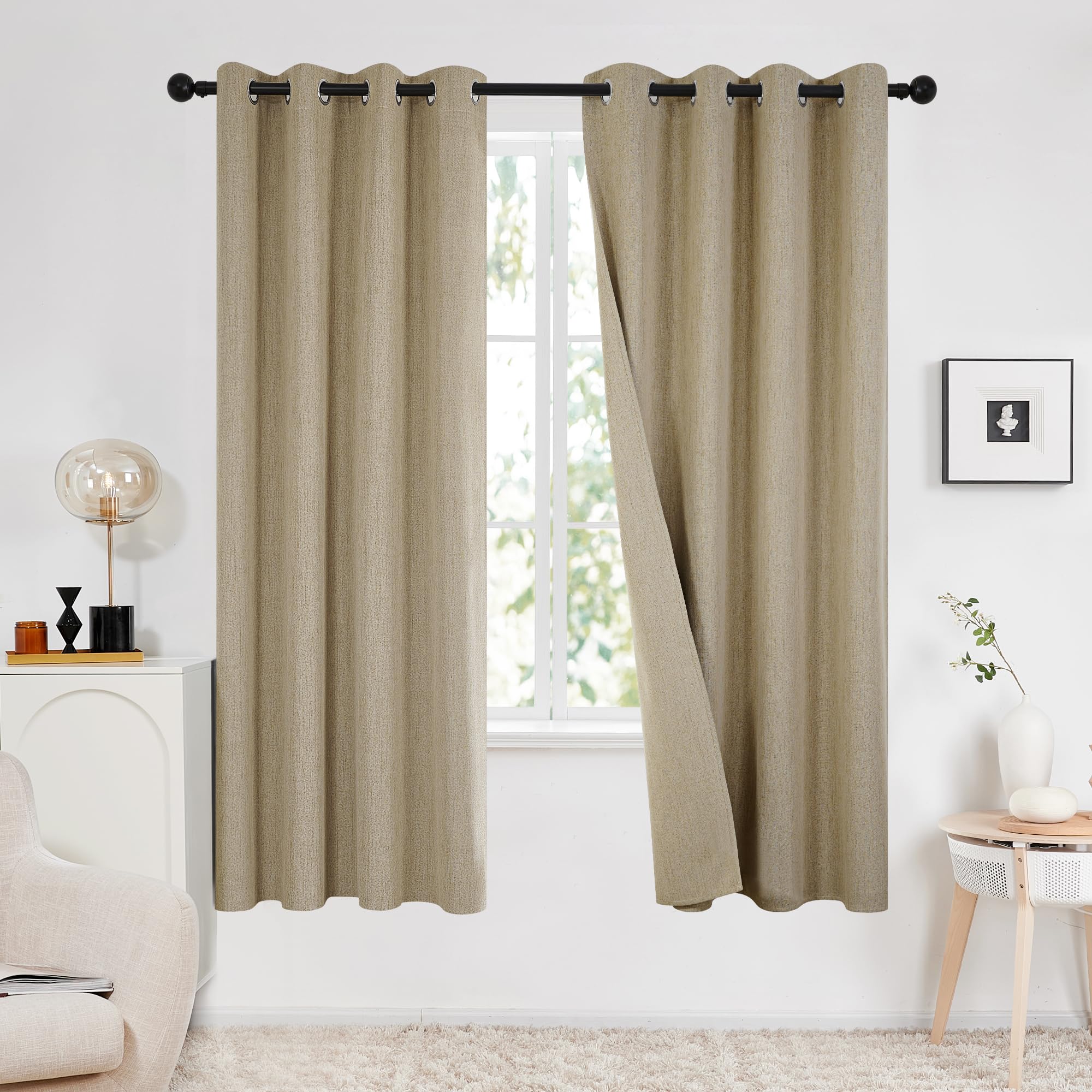 Deconovo 100% Blackout Faux Linen Curtains, Double-Sided, Thermal Insulated, Noise-Reducing, Eyelet Curtains for Bedroom & Living Room - 2 Panels (Taupe 46"x72")