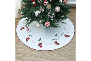 TWSANTAMAS White Velvet Christmas Tree Skirt 48 Inch, Embroidered Stockings and Holly Design, Xmas Rustic Farmhouse Holiday Party Tree Mat Decor