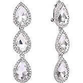 EleQueen Women's Austrian Crystal Teardrop Pear Shape 2.4 Inch Long Clip-on Dangle Earrings