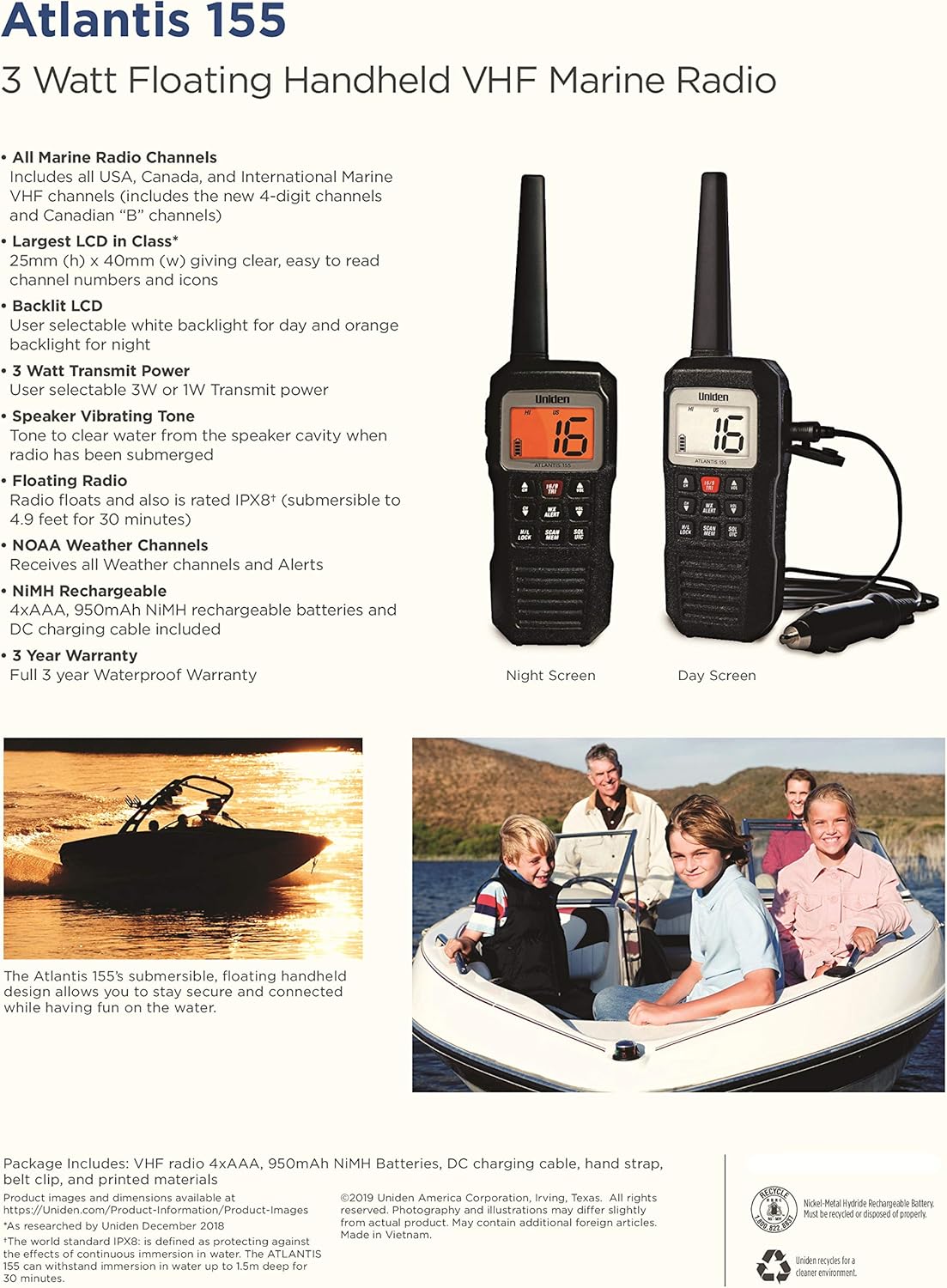 Uniden Atlantis 155 Handheld Two-Way VHF Marine Radio, Floating IPX7 Submersible Waterproof, Dual-Color Screen, All USA/International/Canadian Marine Channels, NOAA Weather Alert, 10 Hour Battery