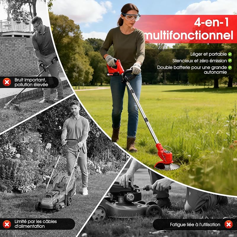 Débroussailleuse Electrique sans Fil 21V, avec 2 pièces Batterie et 4 Types de Lames Débroussailleuse à Gazon sans balais,légères et à Faible Bruit,pour Jardin Élagage,Pelouses et Terres Agricoles — photo 8 sur 8