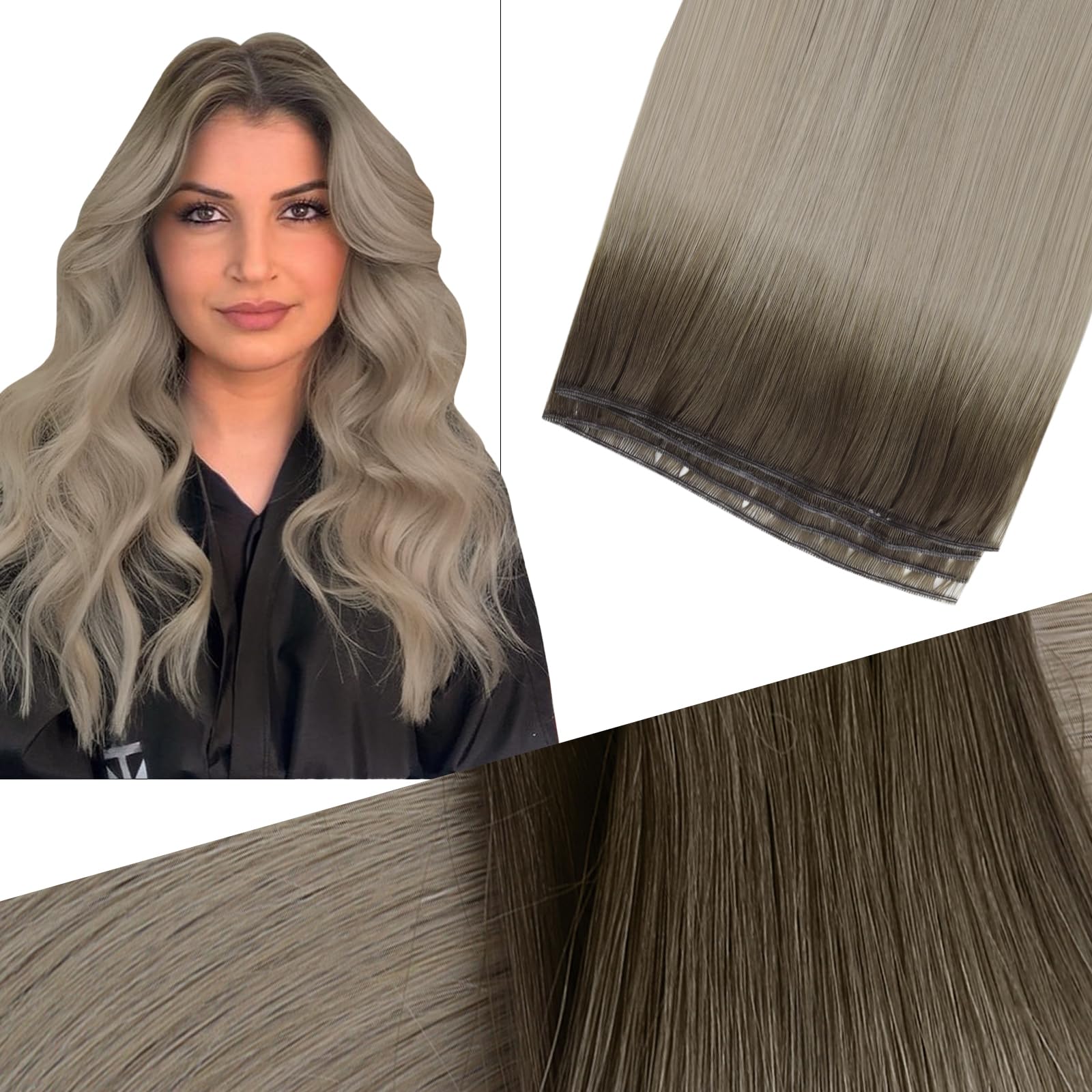 Fshine Balayage Blonde Sew in Weft Hair Extensions Virgin Brazilian Real Human Hair Invisible Straight Hair Weft Extension 25g 18inch Balayage Ash Blonde Mixed Blonde Ash Blonde #9A/10/800