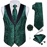 DiBanGu Mens Silk Vest and Tie Set 7PCS Paisley Suit Waistcoat and Necktie with Lapel Pin for Wedding Shawl Collar Dress Vest
