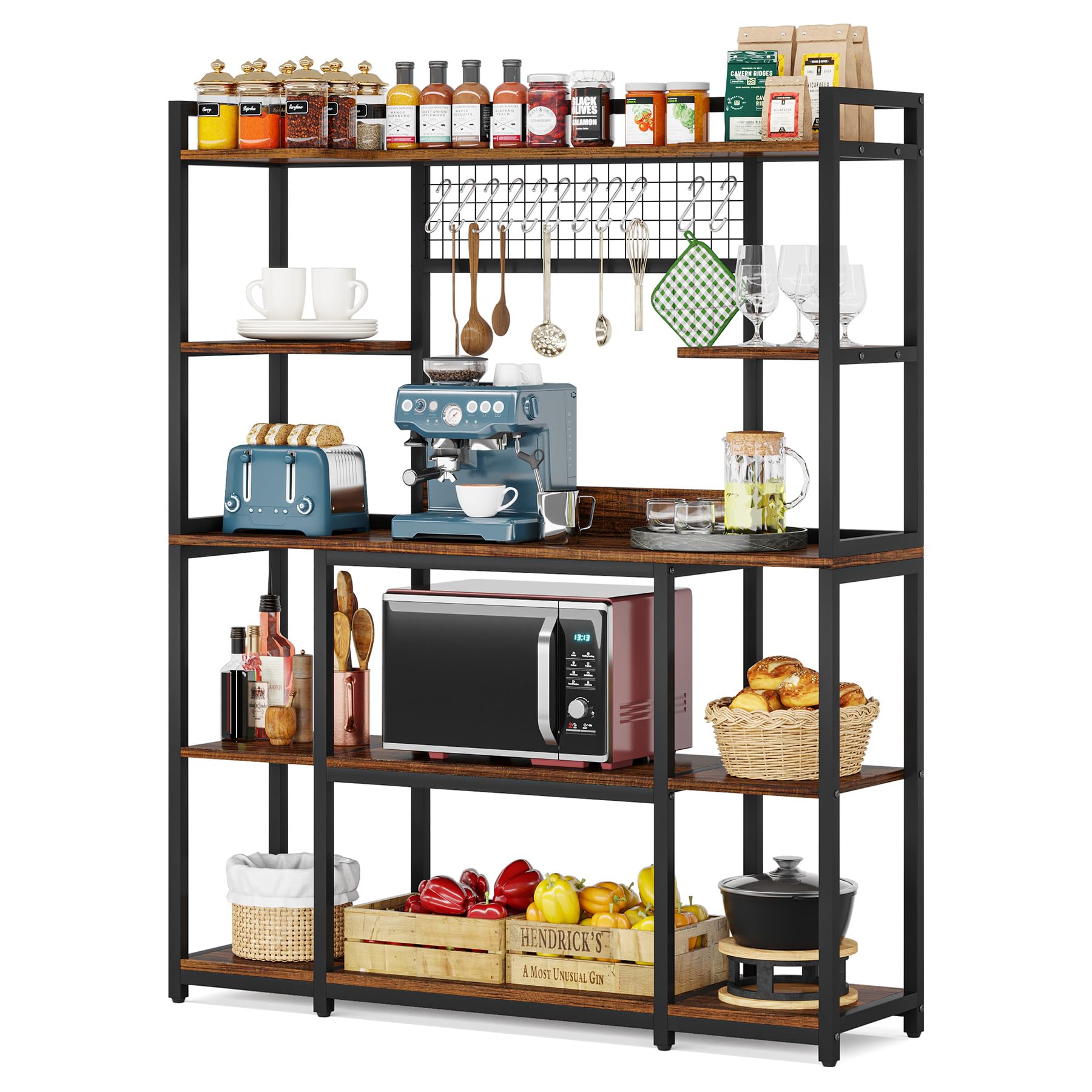Photo 1 of *Scratched* TLE TREE 5-Tier Bakers Rack with Hutch - 70" Microwave Stand & 55" Extra Wide Shelf, 11 Hooks, Brown, Large