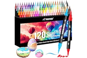 120 Colors Acrylic Paint Markers, Dual Tip Fine Tip and Brush Tip Pens Contain 24 Metallic Color for Stone, Wood, Calligraphy, Canvas, Ceramic, Metal, Glass, Rock Painting, DIY Crafts