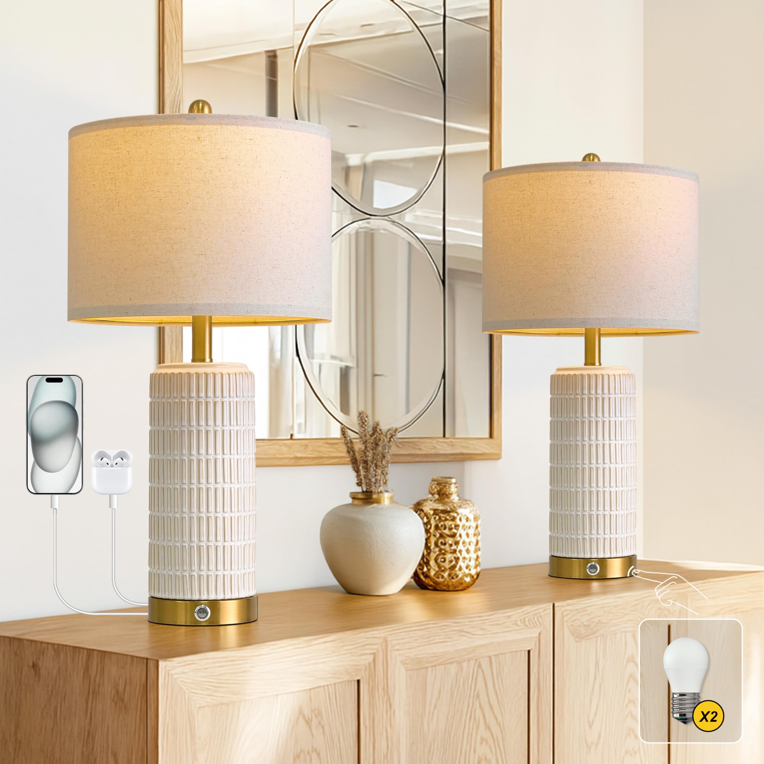 Photo 1 of PoKat Touch Bedside Table Lamps with USB Ports for Bedroom, 25'' Dimmable Nightstand Touch Lamps for Living Room, Modern Ceramic Lamps for Night Stands Bedroom, Office, Nursery, White and Beige