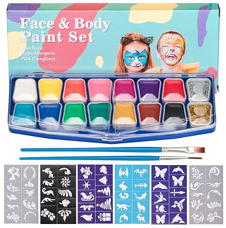 HENMI Kinderschminke Face Paint Set -14 Farben Schminkpalette,2 Glitzer,60 Schablonen,2 Pinsel Kinder Schminkset Ideal für Ki