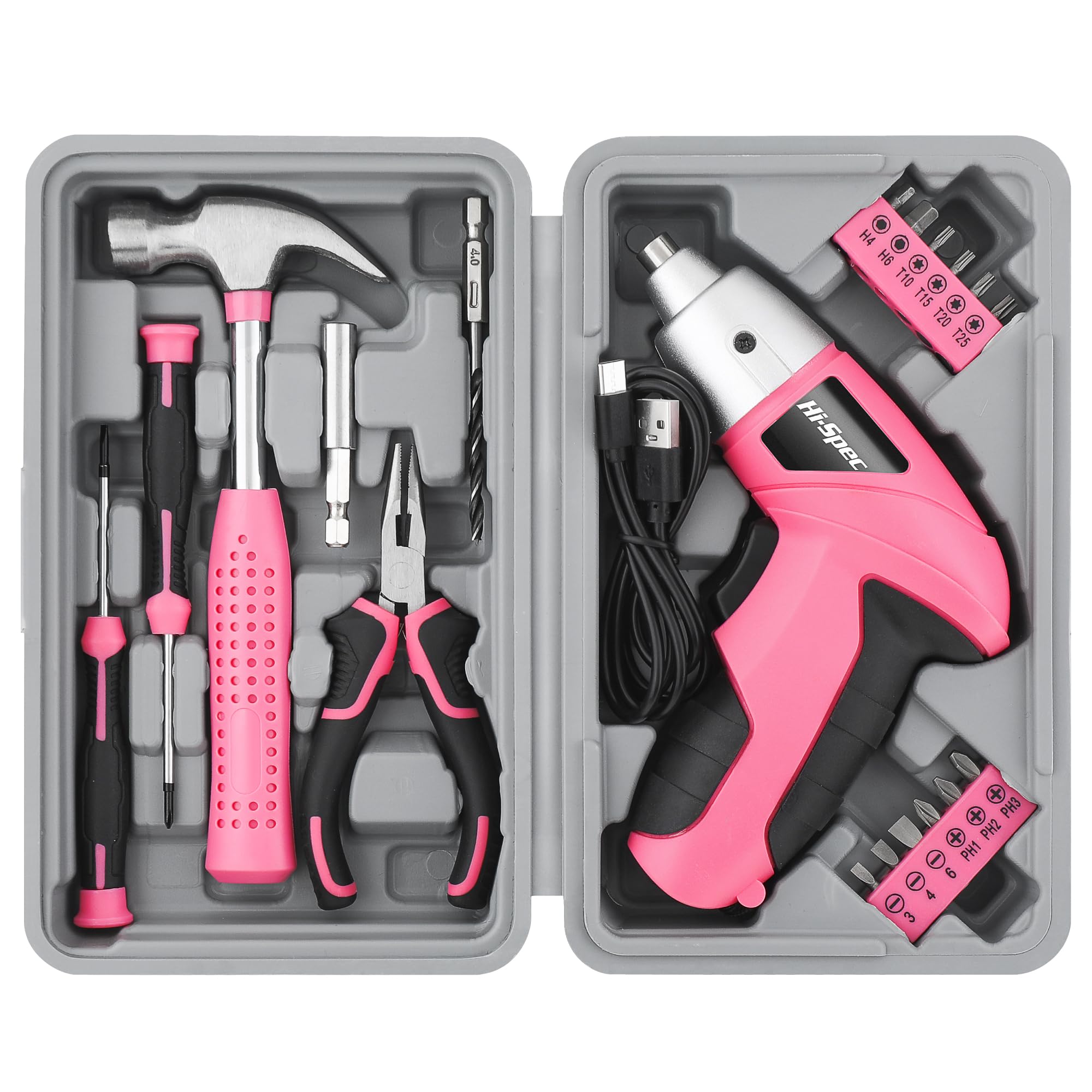 Hi-Spec 3.6V Cordless Electric Screwdriver and Tool Kit for DIY, Pink