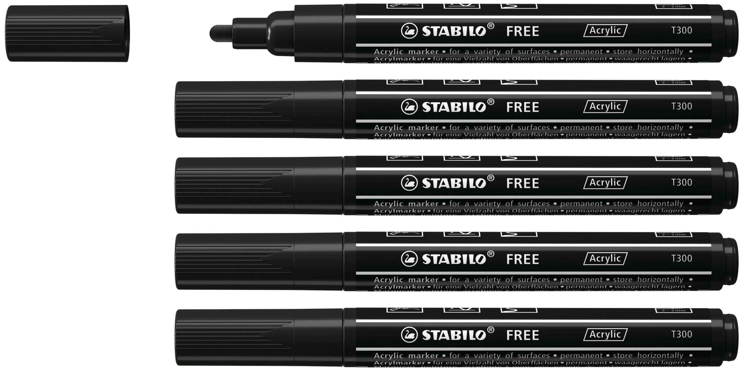 STABILO FREE - Acrylic Marker - ARTY - T300 Round Tip 2-3mm - Pack of 5 - Black