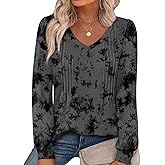 Alaroo Womens Long Sleeve Shirts Pleated V Neck Curved Hem Fall Winter Tunic Tops Blouses Print