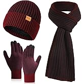 floconssy Men's Winter Hat Scarf Gloves Set, 3 PCS Warm Beanie Long Scarf Fleece Lined Touchscreen Gloves for Cold Weather