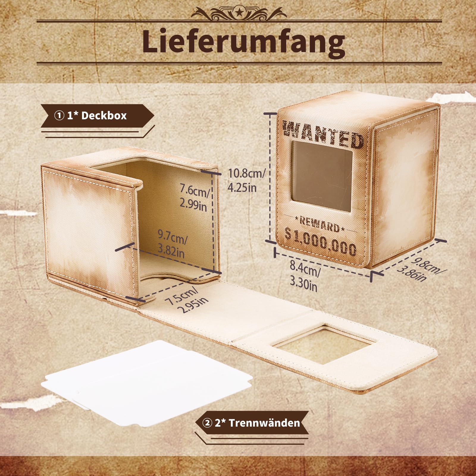 Venssu Wanted Poster Style Deckbox mit Commander Display, MTG Kartenbox für 120 Einfach Gesleevte Karten, Sammelkarten Aufbewahrungsbox aus PU-Leder mit 2 Trennwänden, kompatibel mit One Piece/TCG 4