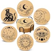 Cegkuc Coasters for Drinks with Holder Set of 6, Vintage Sun Moon Absorbent Cork Wood Coaster for Cup Desk Office Table Decor House Warming Gifts, Round 4
