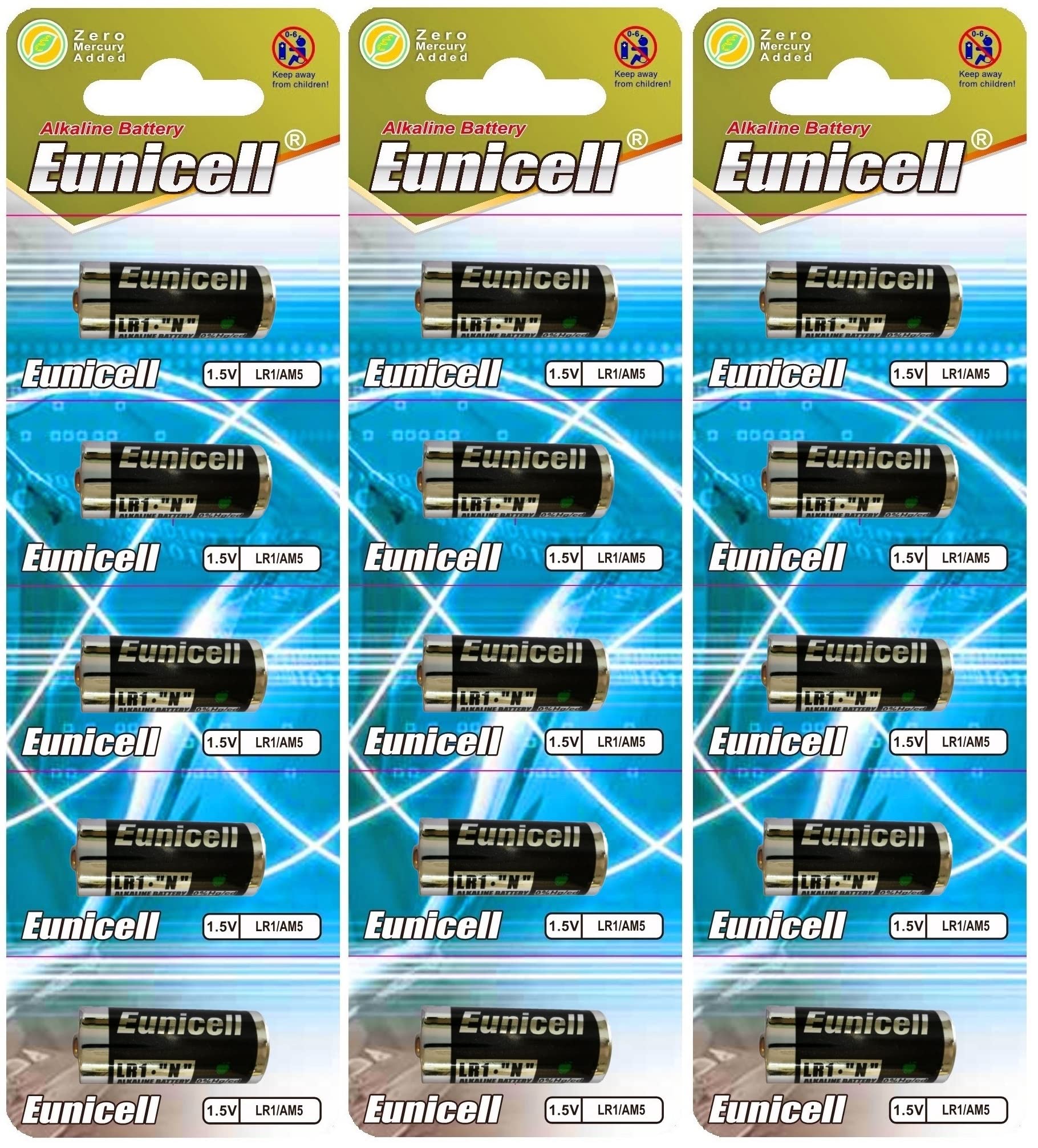15 x LR1 / N / Lady 1.5V (3 pack of 5 batteries), alkaline battery AM5, UM5 4001, 4901, MX9100, 910A brand: Eunicell.
