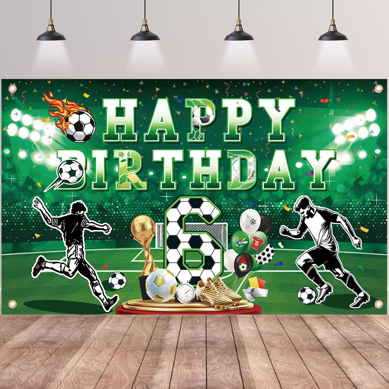 6th Birthday Decorations with Football Theme Backdrop Banner - Large Happy 6th Birthday Banner for Boys, Kids Football Party Supplies Soccer Decor 180x110cm