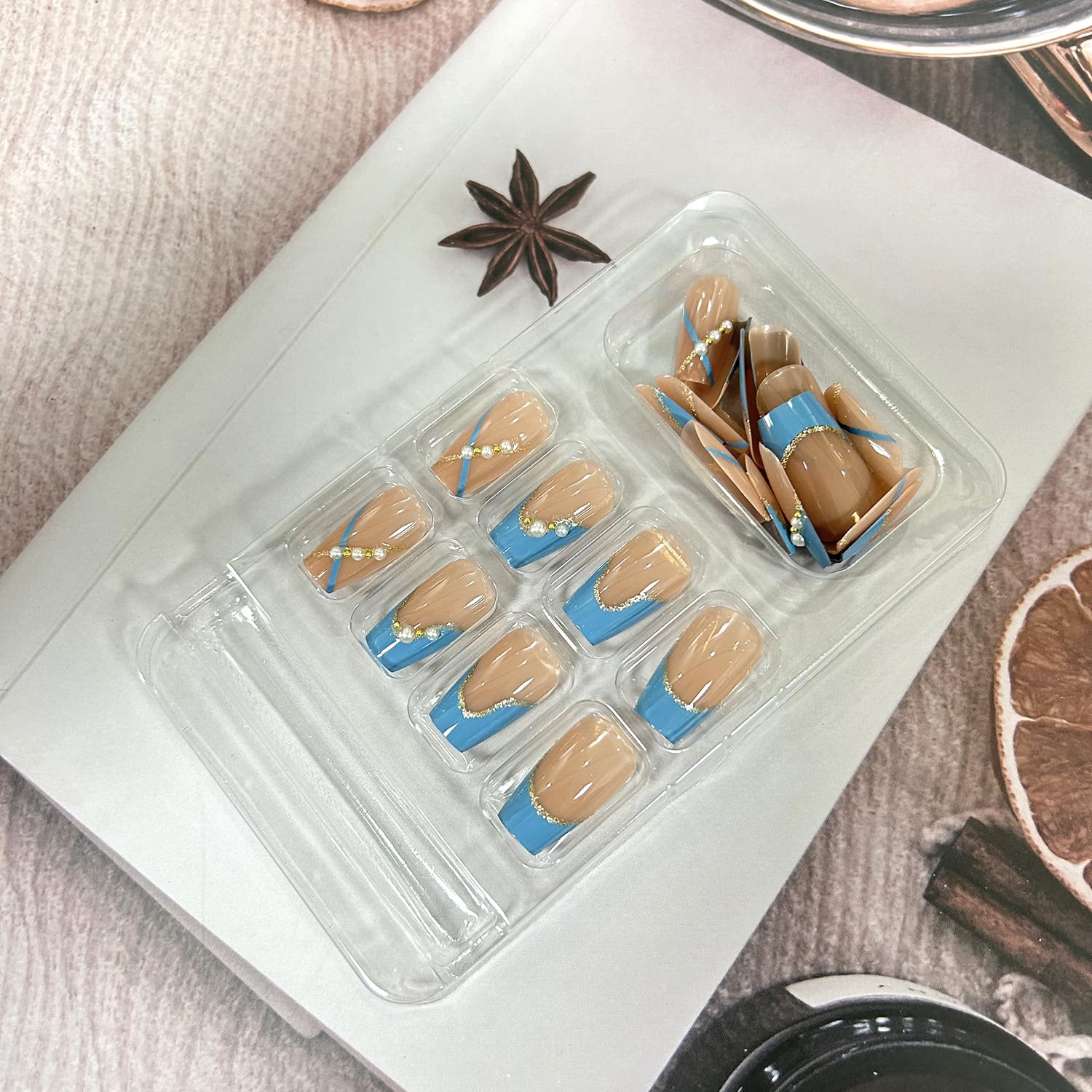 Blue French Press on Nails Medium with Pearl Design Cute Ballet Shaped False Nails Artificial Acrylic Coffin Nails Full Cover Reusable Fake Nails Nature Fit Stick on Nails Glue on Nails for Women - Image 5