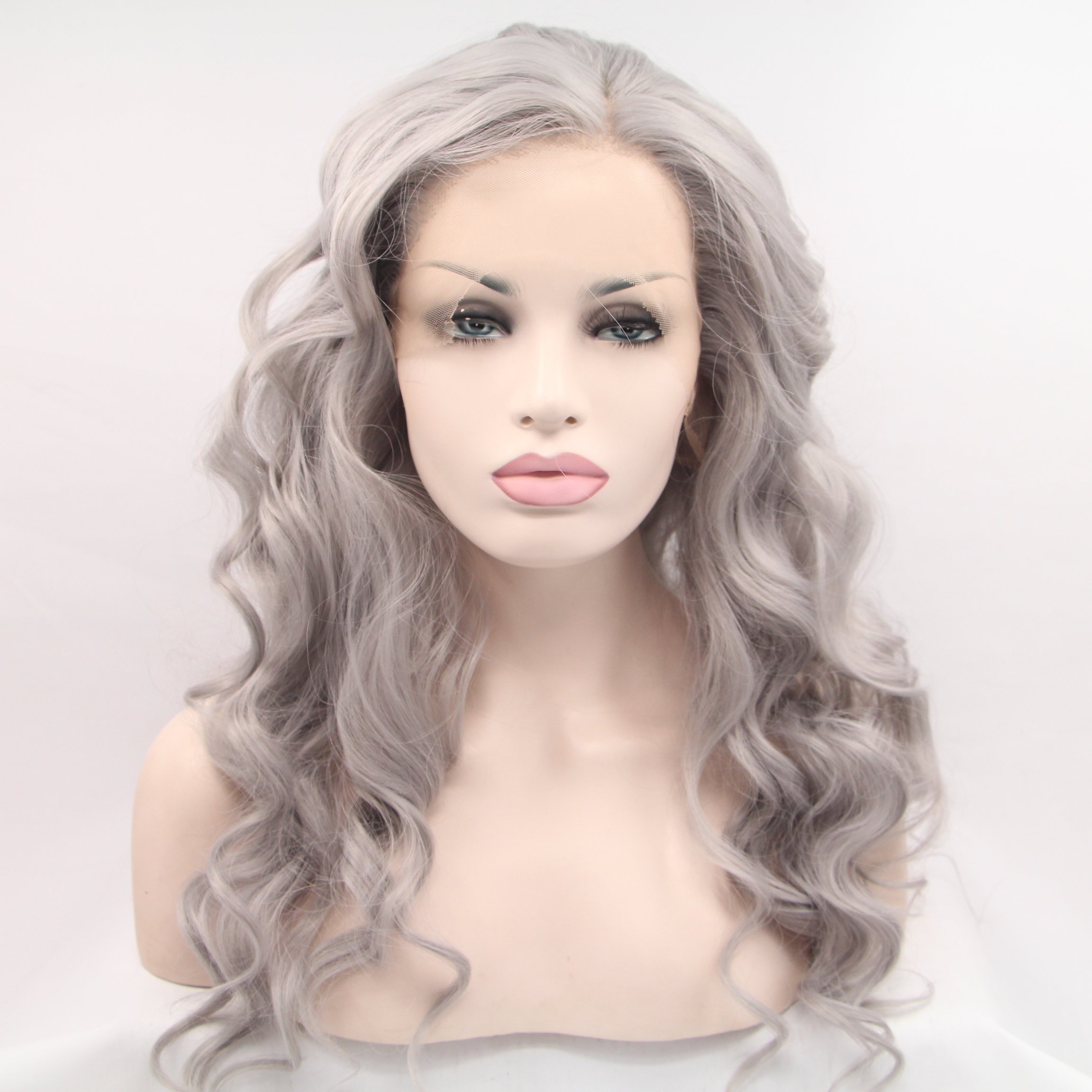 Xiweiya Wigs Natural Look Premium Silver Grey Long Body Wave Wigs Glueless Synthetic Lace Front Wig Heat Resistant Fiber Hair