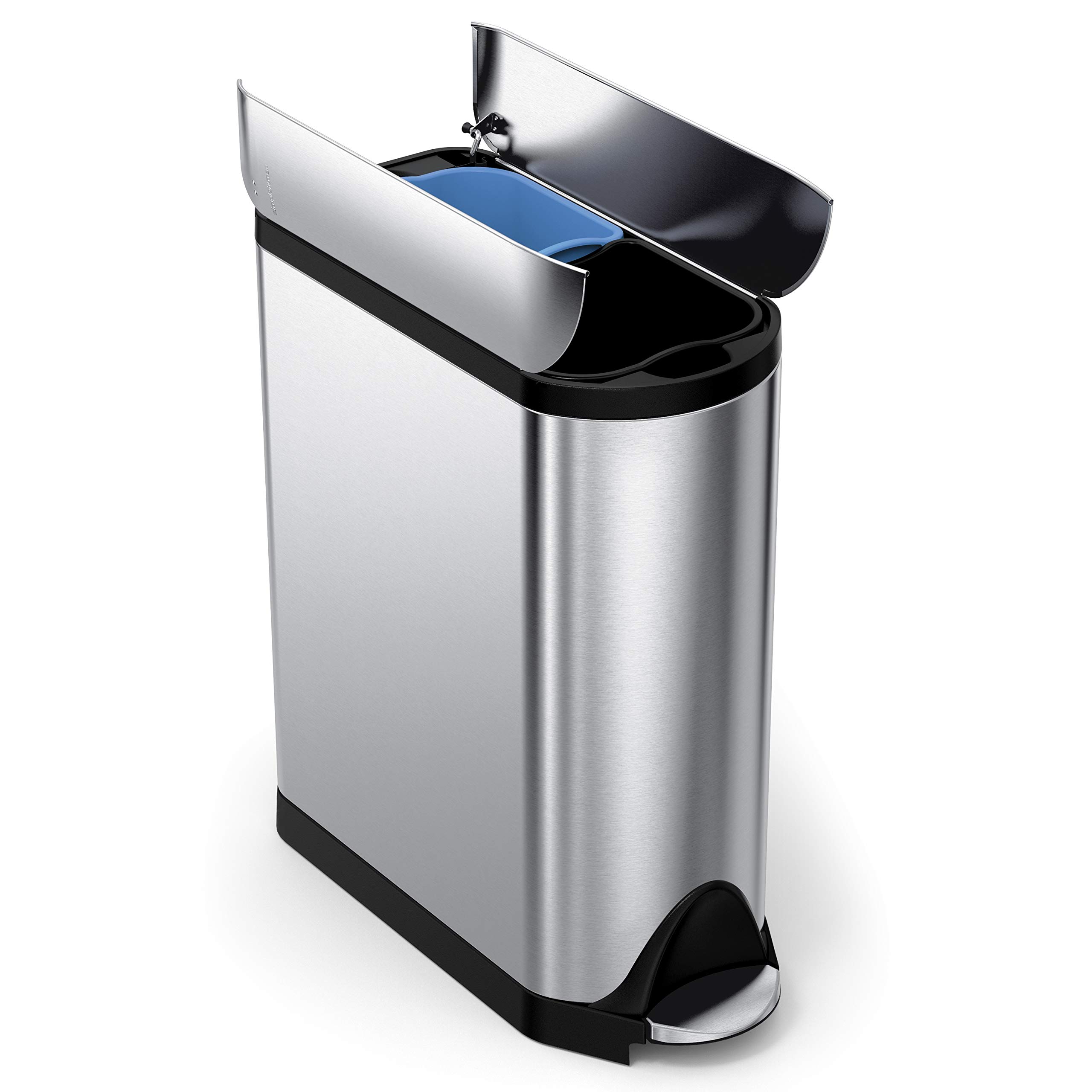 simplehuman 40L (20/20) Slim Butterfly Recycling Double Kitchen Pedal Bin, Strong Steel Pedal, Silent Soft Close Lid, Inner Buckets, Fingerprint-Proof, Brushed Stainless Steel CW2017
