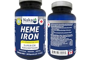 Naka Platinum Heme Iron 11 mg Elemental Iron, Superior Absorption, Made in Canada, 60 Capsules (45+15 Free)