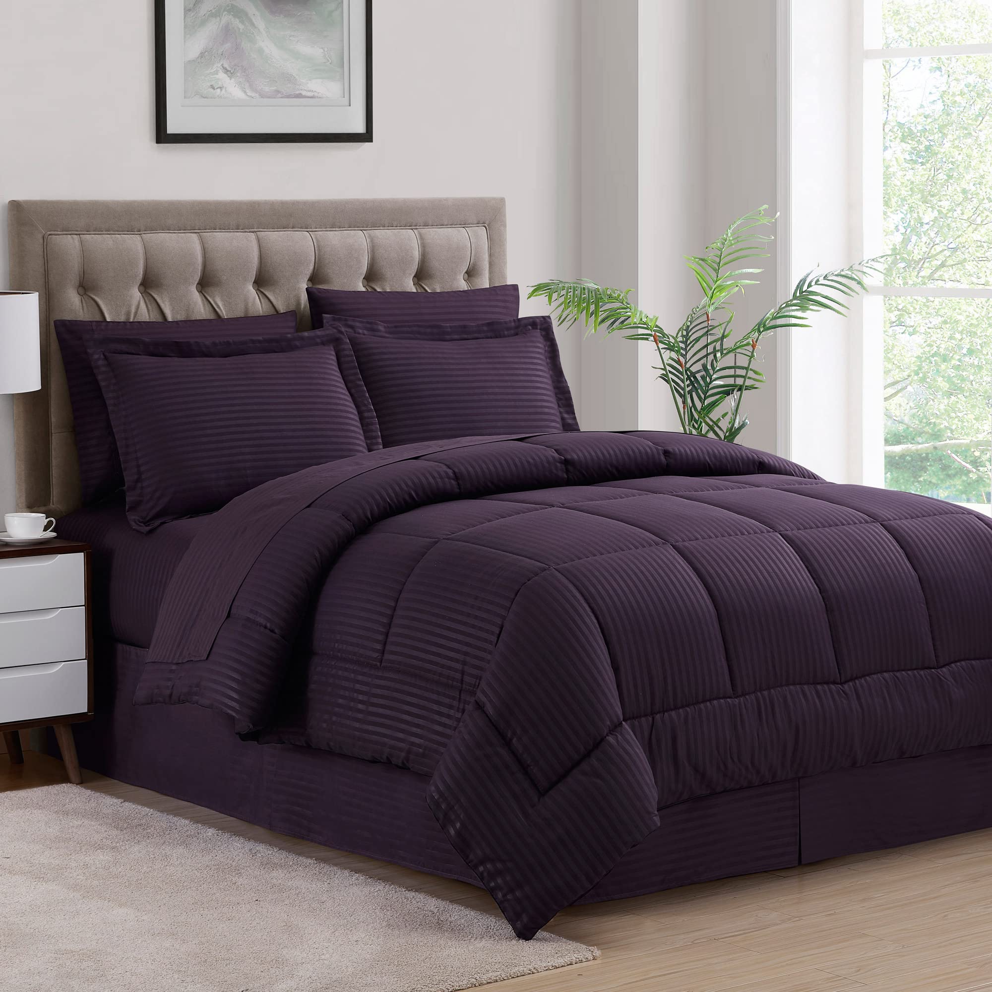 Queen Comforter Set 8 Piece Bed in a Bag with Bed Skirt, Fitted Sheet, Flat Sheet, 2 Pillowcases, 2 Pillow Shams, Queen, Dobby Purple Image Queen Comforter Set 8 Piece Bed in a Bag with Bed Skirt, Fitted Sheet, Flat Sheet, 2 Pillowcases, 2 Pillow Shams, Queen, Dobby Purple Image