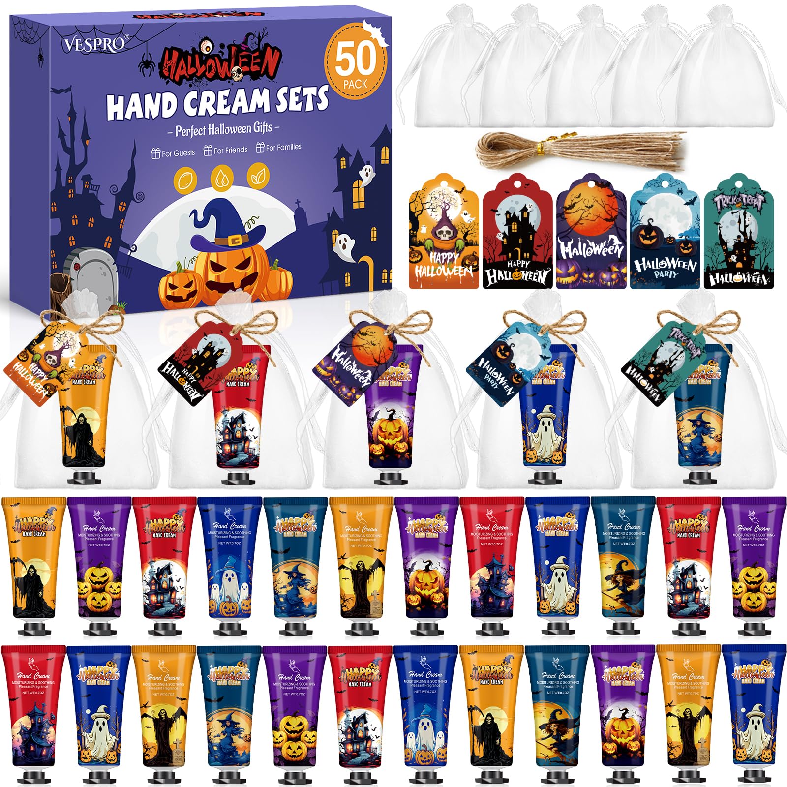 Photo 1 of VESPRO 50 Sets Halloween Hand Cream Gift for Women, Hand Lotion for Halloween Party Favors with Halloween Cards and Organza Bags, Halloween Decorations and Bulk Halloween Gifts for Women