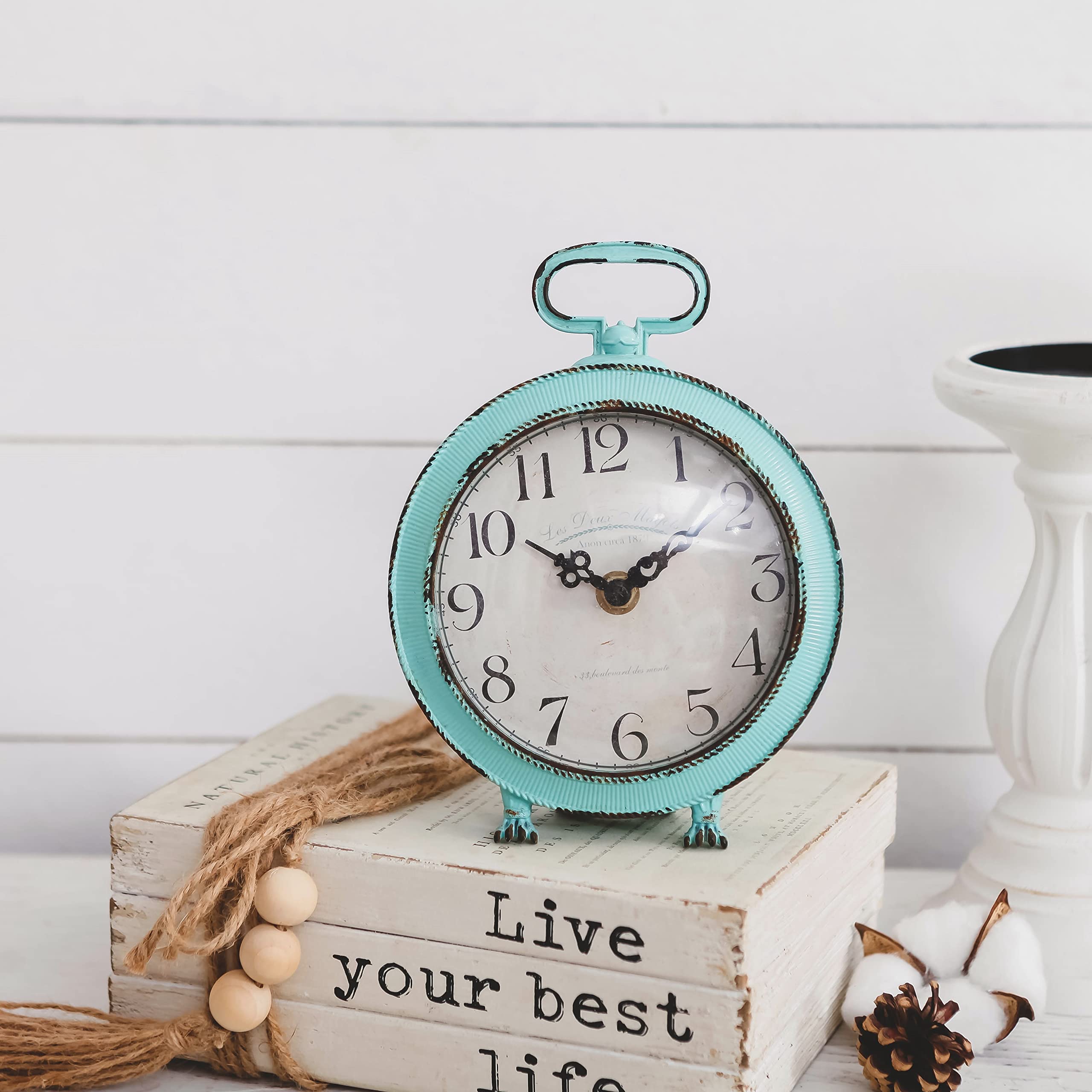 NIKKY HOME Table Clock Vintage Metal Round Desk Clock with Handle and Dragon Feet Stand for Home Living Room Bedroom Decor 5.6'' by 2.2'' by 7.5'', Distressed Aqua Blue