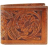 American Bison RFID Wallet for Men – Hand-Tooled Floral Cowhide Leather Bifold Wallet with Gift Box (Light Brown)