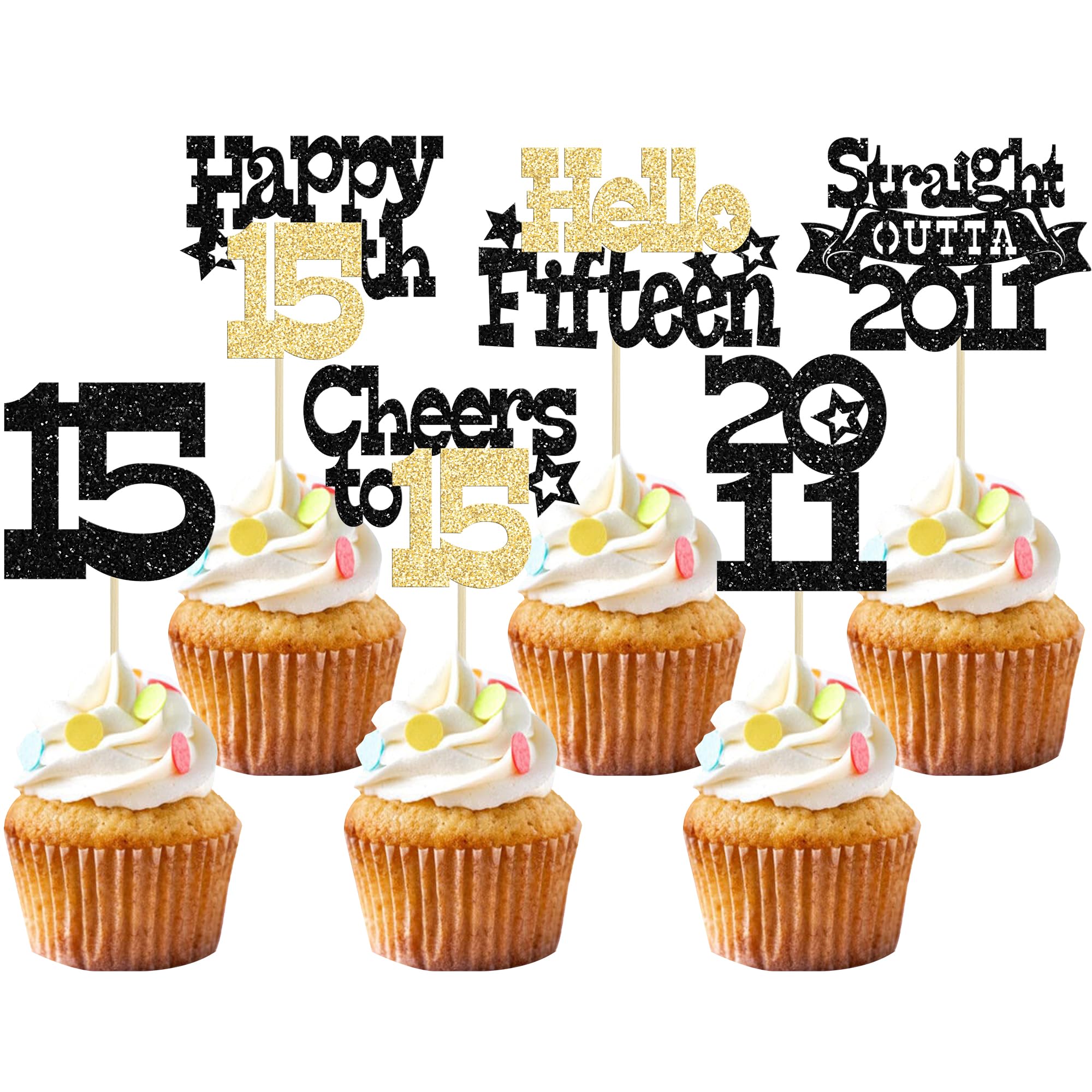 Ephlyn 30Pcs Straight Outta 2011 Cupcake Toppers Glitter Fifteen Happy 15th Birthday Cupcake Picks Cheers to 15 Years Cake Decorations for 15th Birthday Anniversary Party Supplies Black Gold — image 1