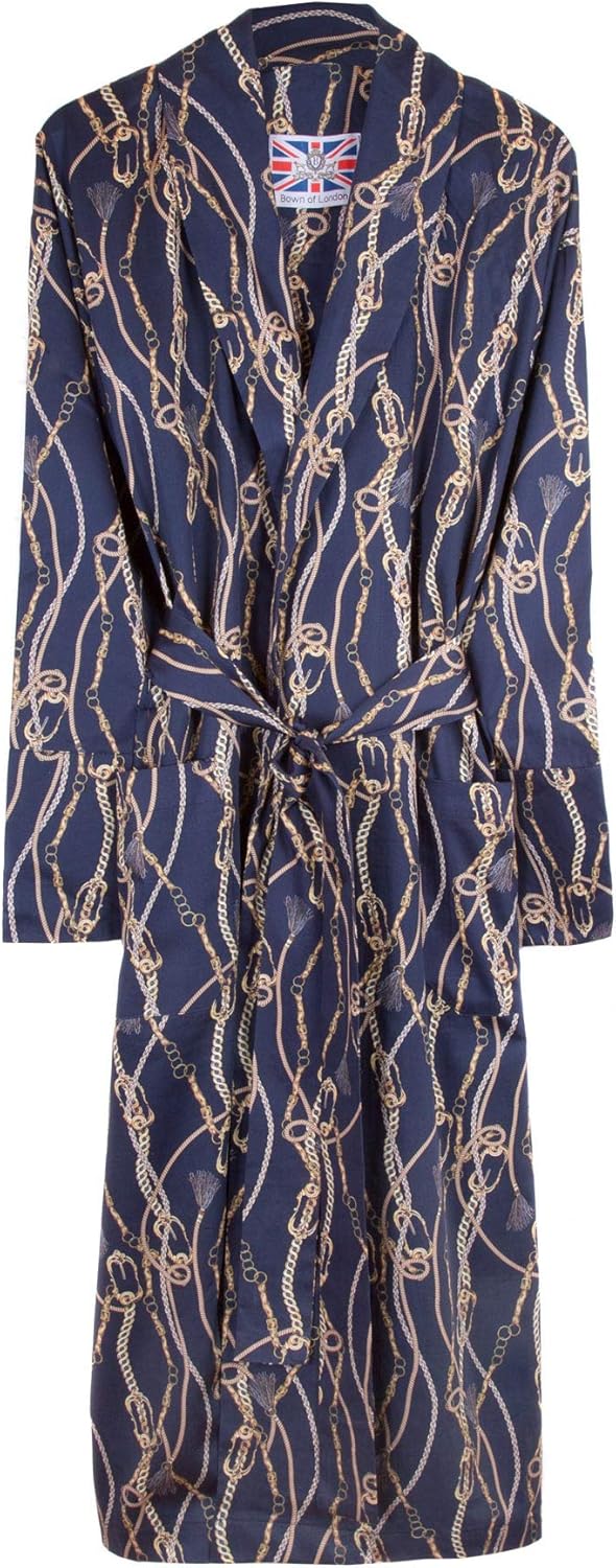 Bown of London Men's Lightweight Cotton Dressing Gown, Navy with Gold
