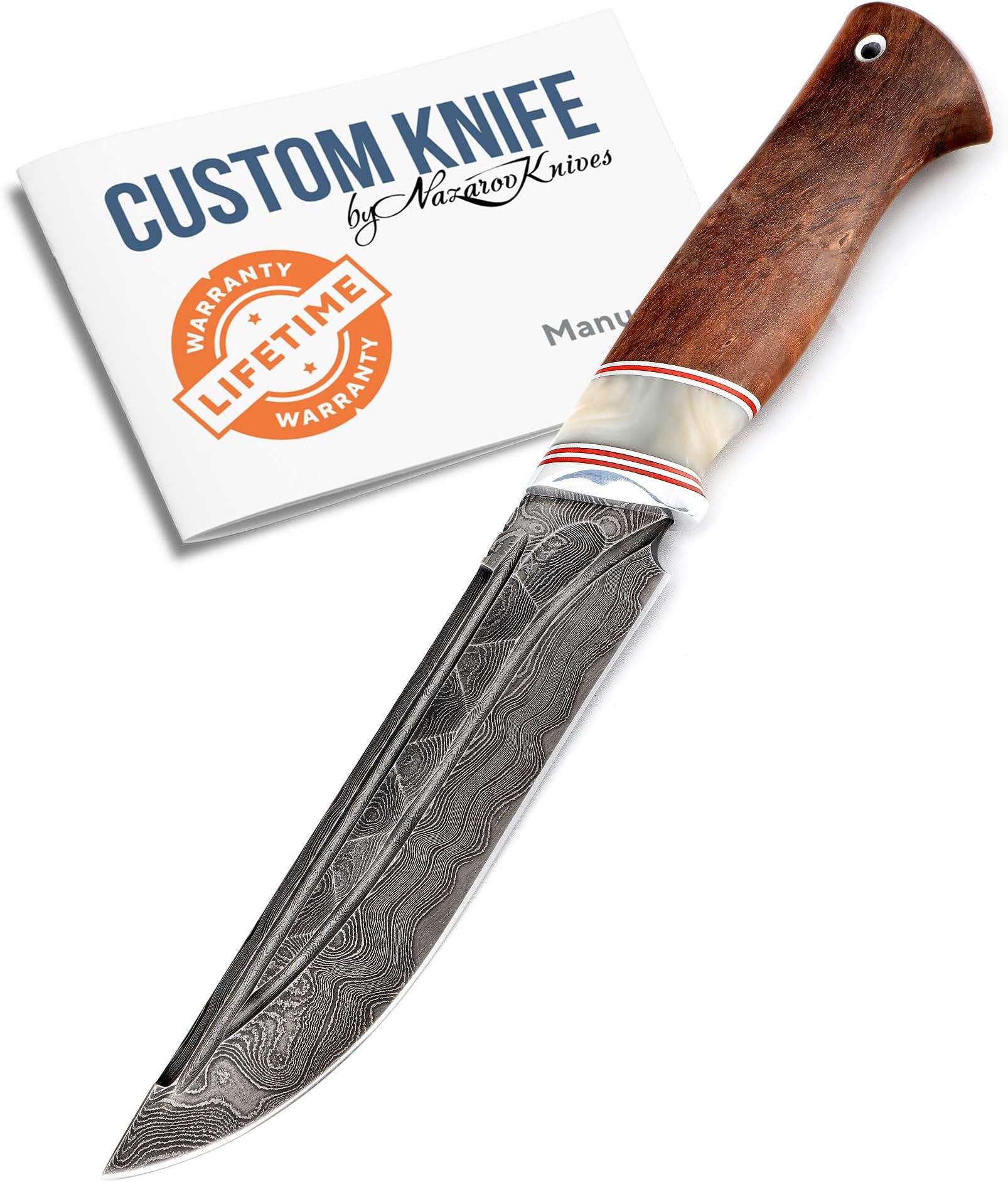 Nazarov Knives Custom Damascus Steel Knife OVOD 2 – Pattern Welded Handmade Fixed Blade Knife - Karelian Birch Handle – Leather Sheath