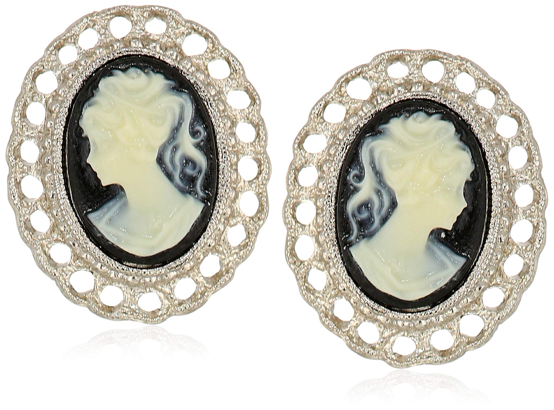 1928 Jewelry Pendientes de botón con clip de camafeo en blanco y negro con filigrana ovalada, aretes sin perforación, a presión sin perforaciones, hechos en EE. UU.
