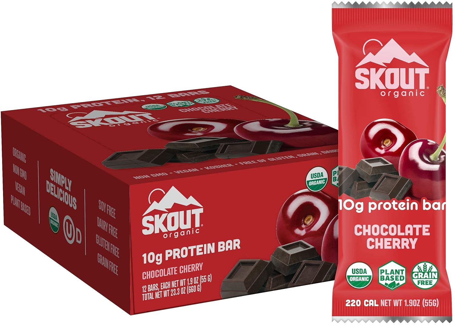 SKOUT Organic Plant-Based Protein Bars Chocolate Cherry (12 Pack) – 10g Protein – Vegan Protein Bars Made in US – Only 7 Ingredients – Easy Snack – Gluten, Dairy, Grain & Soy Free