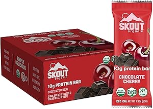 SKOUT Organic Plant-Based Protein Bars Chocolate Cherry (12 Pack) – 10g Protein – Vegan Protein Bars Made in US – Only 7 Ingredients – Easy Snack – Gluten, Dairy, Grain & Soy Free