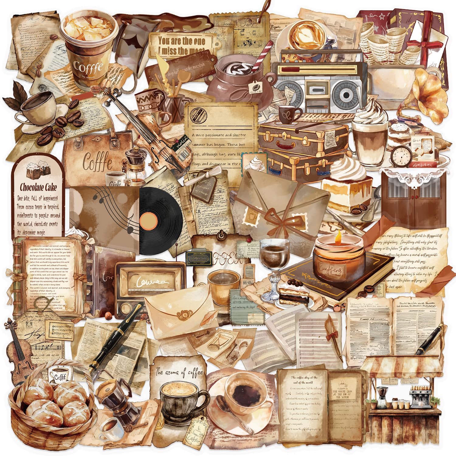 Photo 1 of 50Pcs Vintage Stickers Set, Graffiti Retro Cafe Decals for Journaling Scrapbooking Kindle Laptop Album DIY Craft Daily Planner, Waterproof PET Transparent Coffee Sticker