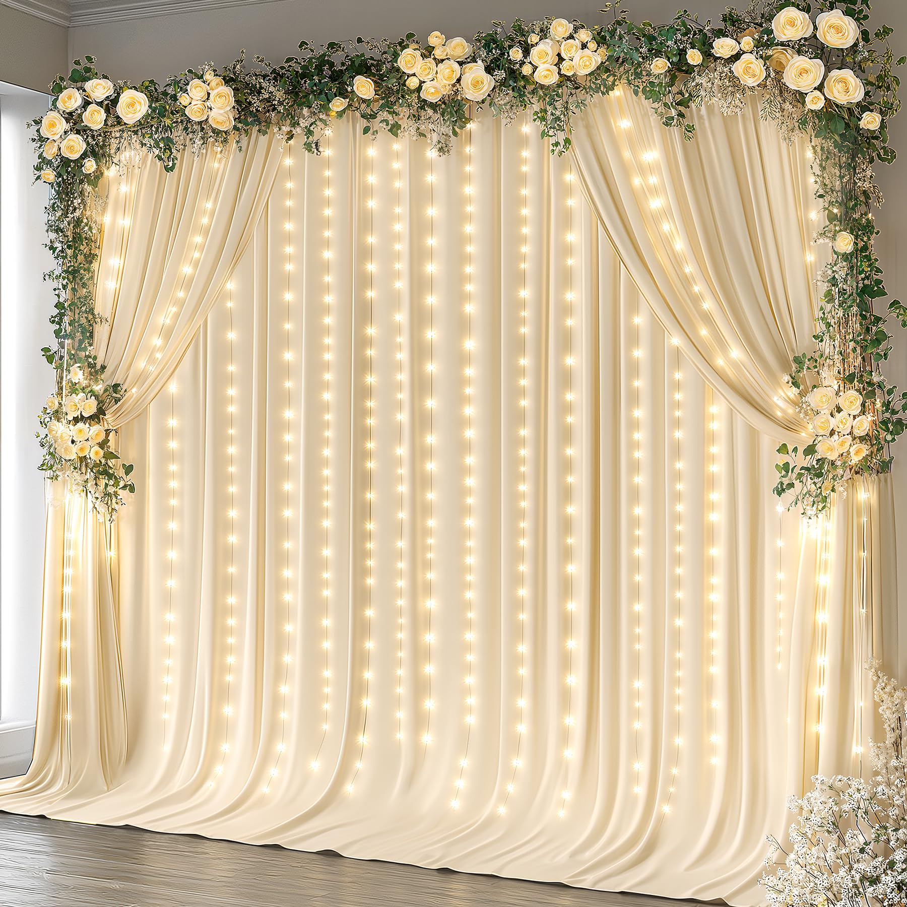 Photo 1 of 10 x 10ft Champagne Backdrop Curtains with Lights String for Wedding Polyester Photo Backdrop Drapes Wrinkle Free Long Curtains Backdrop for Birthday Parties Reception Baby Shower Ceremony-5 x 10ft 2P